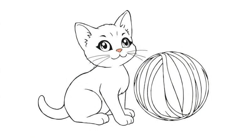 Um gato de desenho animado sentado ao lado de uma bola de linha, com um color panel implícito.