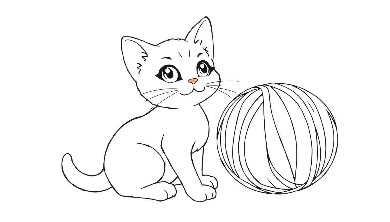Um gato de desenho animado sentado ao lado de uma bola de linha, com um color panel implícito.