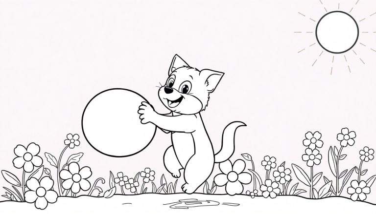 Ilustração de desenho de linha de um gato sorridente segurando uma bola contra um fundo rosa com um sol estilizado e flores.