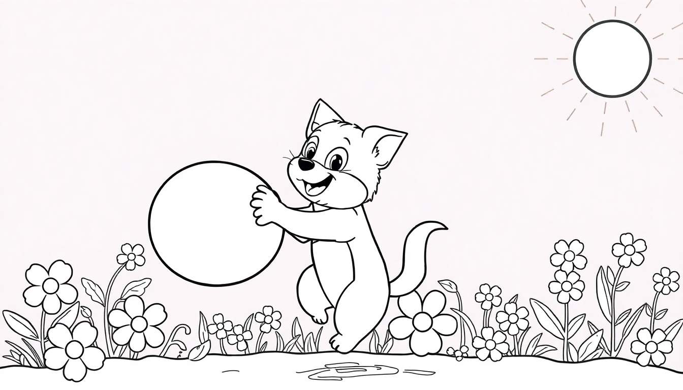Ilustração de desenho de linha de um gato sorridente segurando uma bola contra um fundo rosa com um sol estilizado e flores.