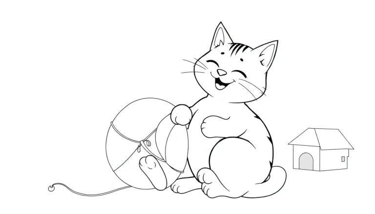 Um gato de desenho animado feliz sentado com uma bola de fio e uma casa de cachorro ao lado, pronto para ser colorido em um color panel.