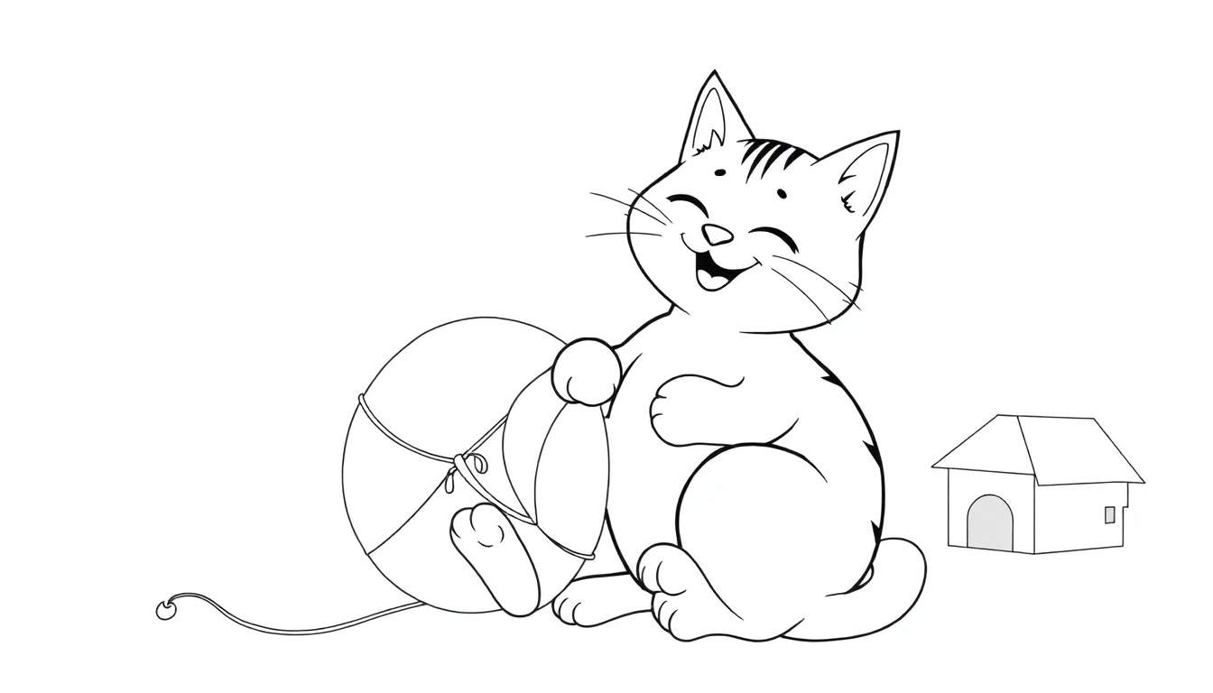 Um gato de desenho animado feliz sentado com uma bola de fio e uma casa de cachorro ao lado, pronto para ser colorido em um color panel.