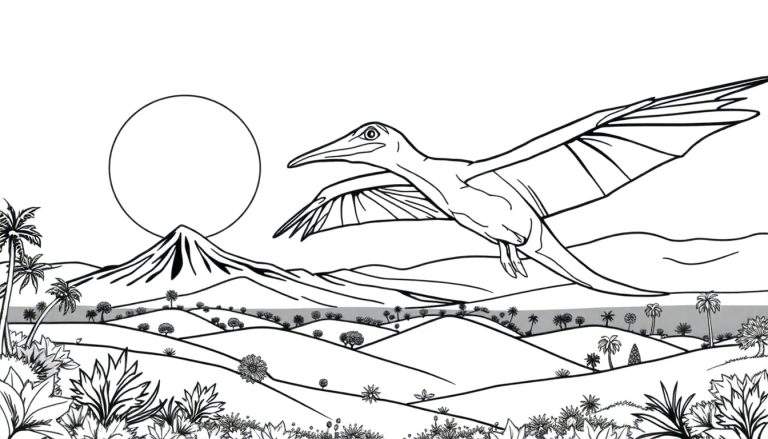 Ilustração em preto e branco de um pterodáctilo em voo sobre uma paisagem pré-histórica.