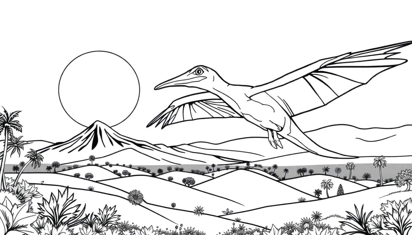Ilustração em preto e branco de um pterodáctilo em voo sobre uma paisagem pré-histórica.