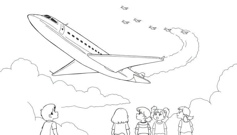 Um avião grande com um rastro de fumaça branca voando no céu com nuvens fofas. Crianças olham para cima admiradas.