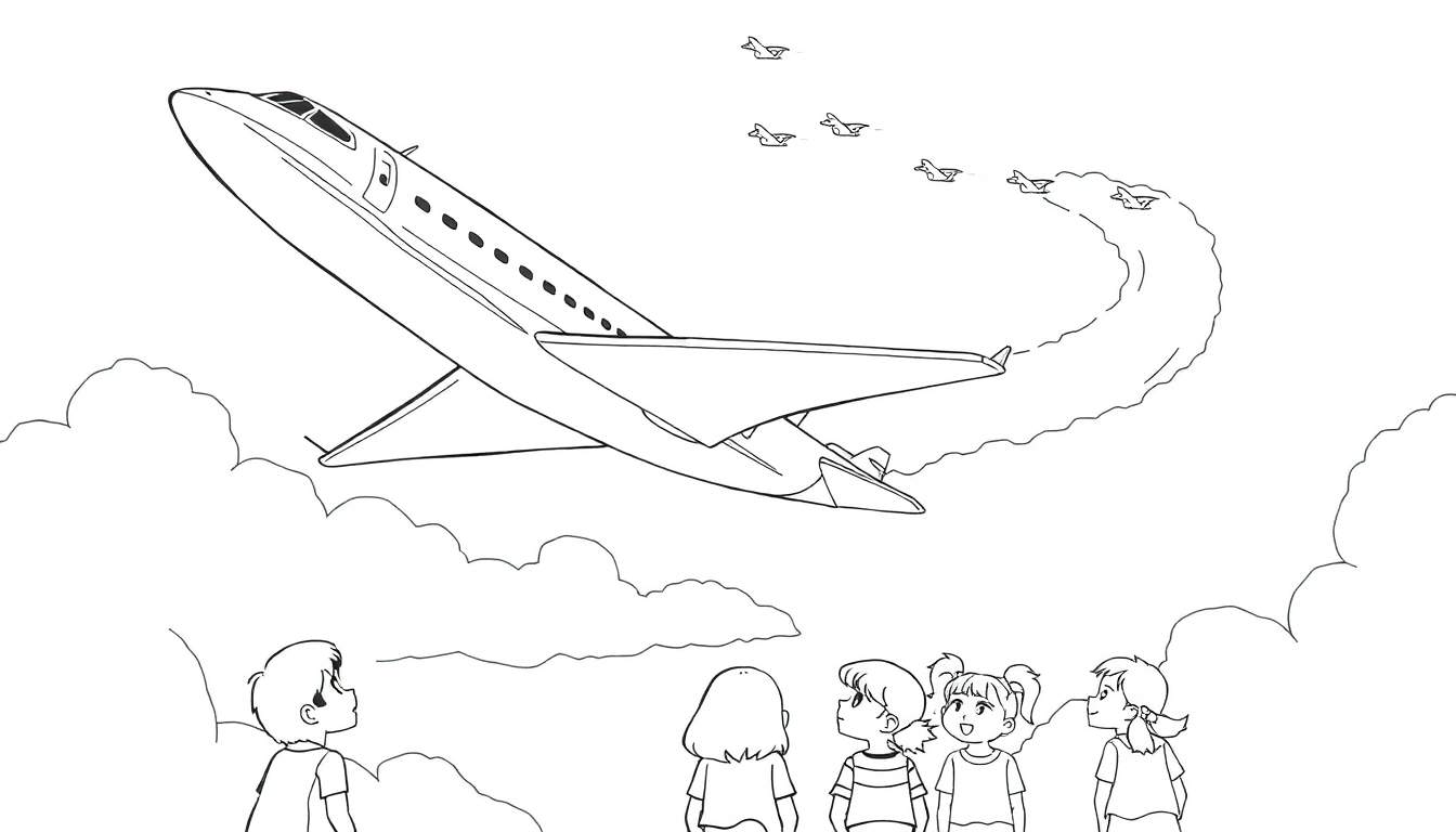 Um avião grande com um rastro de fumaça branca voando no céu com nuvens fofas. Crianças olham para cima admiradas.
