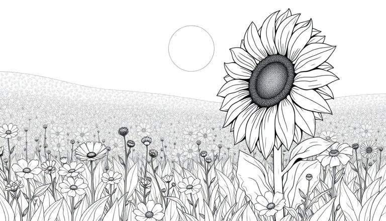 Desenho de girassol sorridente em um campo florido, perfeito para colorir, com borboletas, com a frase 'color panel'.