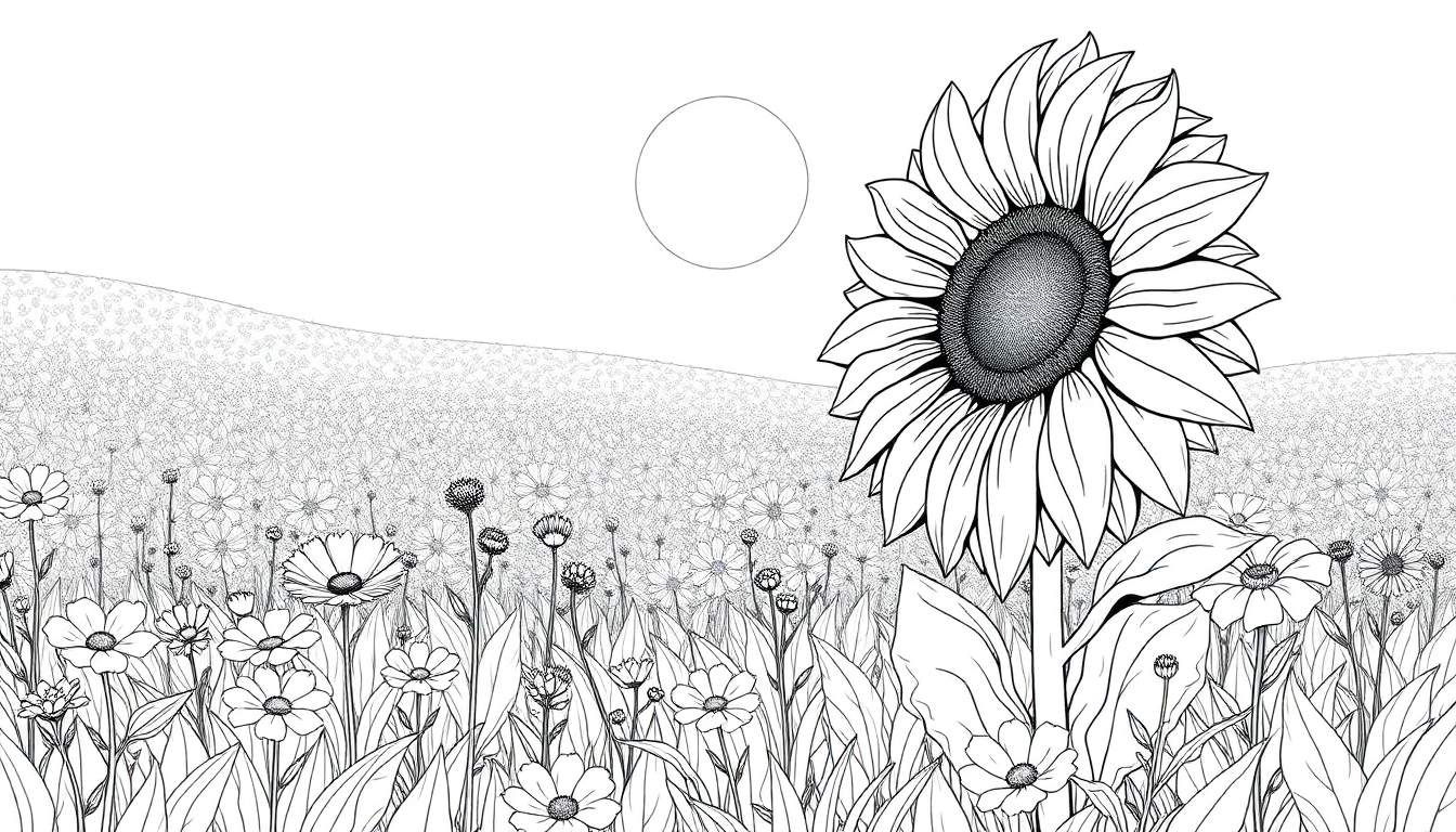 Desenho de girassol sorridente em um campo florido, perfeito para colorir, com borboletas, com a frase 'color panel'.