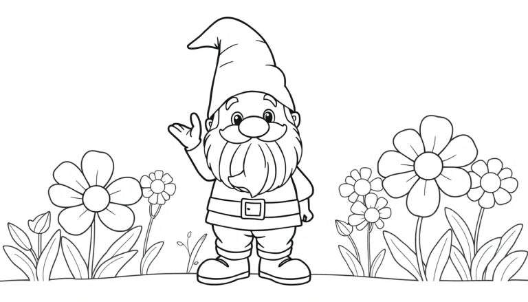 Um desenho a preto e branco de um gnomo de jardim a acenar num canteiro de flores, pronto para ser colorido. Este color panel mostra um gnomo simpático com um chapéu pontudo e barba.