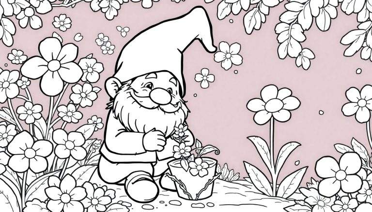Um gnomo de jardim simpático com um chapéu pontudo e um casaco, sentado num jardim florido, segurando uma pequena planta num vaso. O desenho está em estilo cartoon.