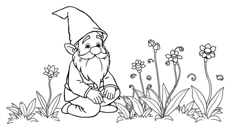 Um gnomo sorridente com barba longa e chapéu pontudo em um jardim com flores e folhagens, um desenho em preto e branco para colorir, parte de um color panel.