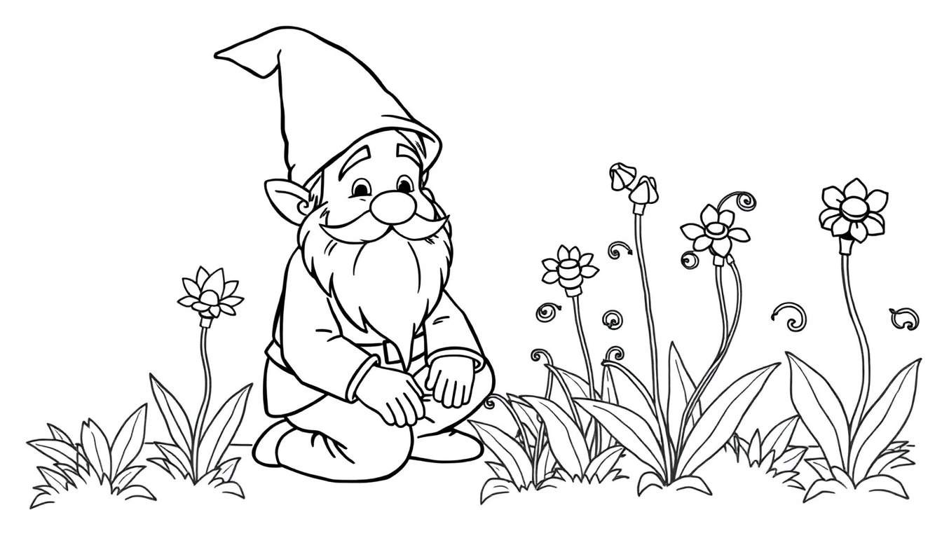 Um gnomo sorridente com barba longa e chapéu pontudo em um jardim com flores e folhagens, um desenho em preto e branco para colorir, parte de um color panel.