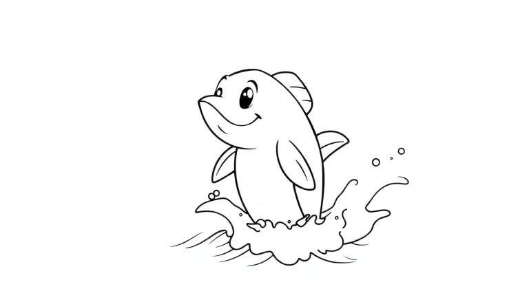 Um golfinho cartoon saltando, em preto e branco para colorir, dentro de um color panel.