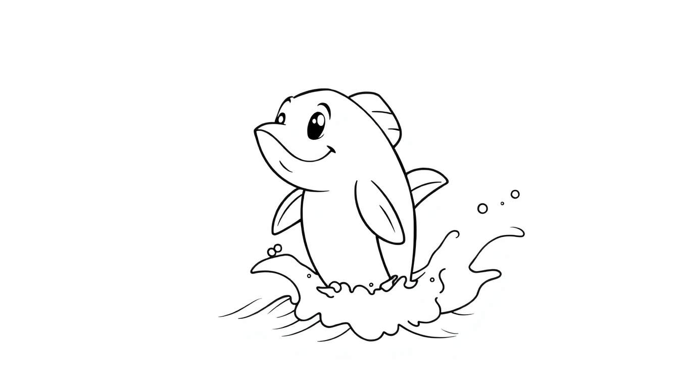 Um golfinho cartoon saltando, em preto e branco para colorir, dentro de um color panel.