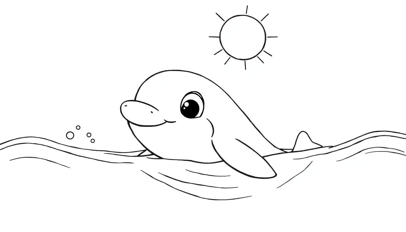 Desenho em preto e branco de um golfinho fofo com olhos grandes e um sorriso, nadando em um mar com bolhas e um sol com raios no céu, sugerindo um color panel.