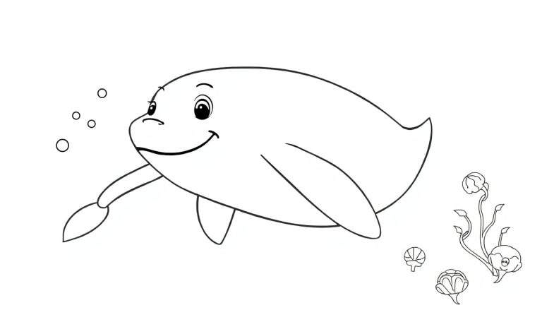Desenho de um golfinho sorridente com bolhas e plantas aquáticas.