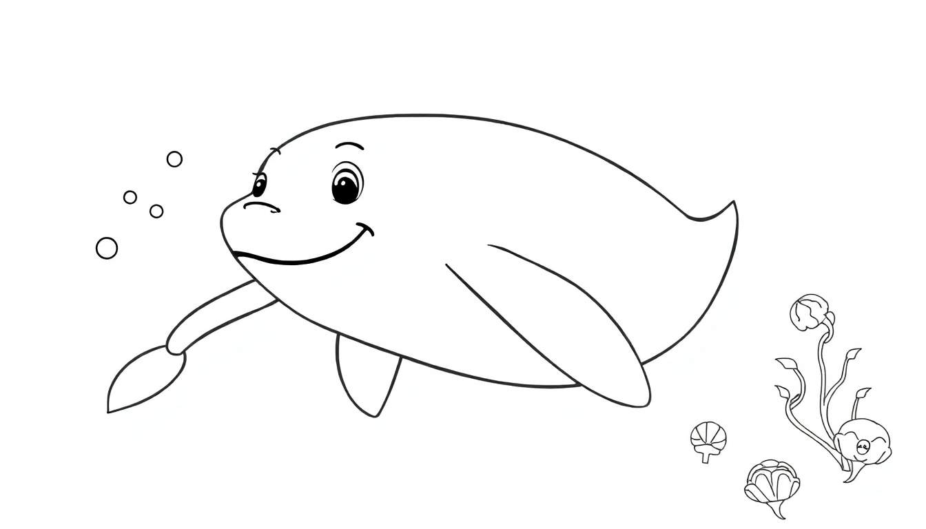 Desenho de um golfinho sorridente com bolhas e plantas aquáticas.