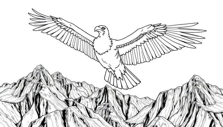 Um grifo majestoso com asas abertas voando sobre montanhas, pronto para ser colorido em um color panel.