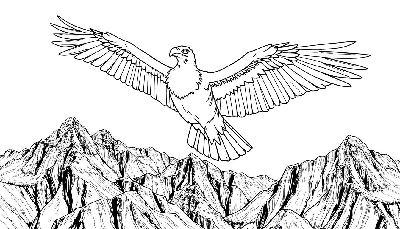 Um grifo majestoso com asas abertas voando sobre montanhas, pronto para ser colorido em um color panel.