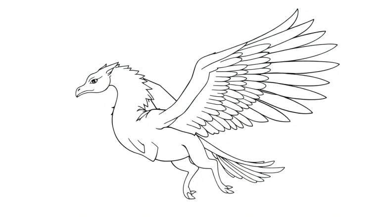 Um grifo majestoso em estilo de contorno, com cabeça e asas de águia e corpo de leão, voando.