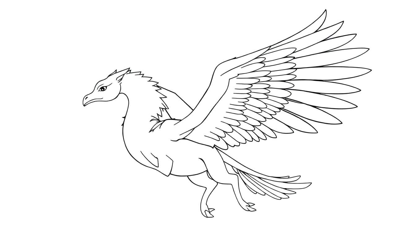Um grifo majestoso em estilo de contorno, com cabeça e asas de águia e corpo de leão, voando.