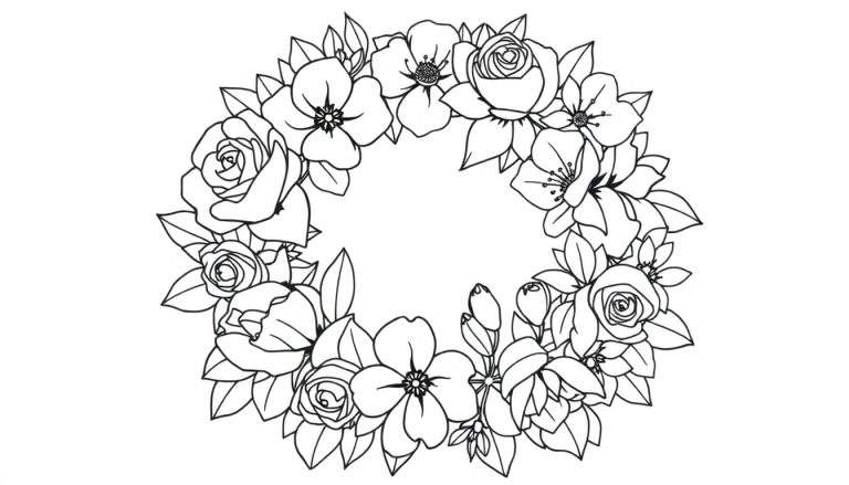 Grinalda floral desenhada a preto e branco, pronta para ser colorida.