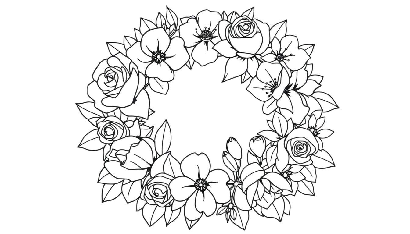 Grinalda floral desenhada a preto e branco, pronta para ser colorida.