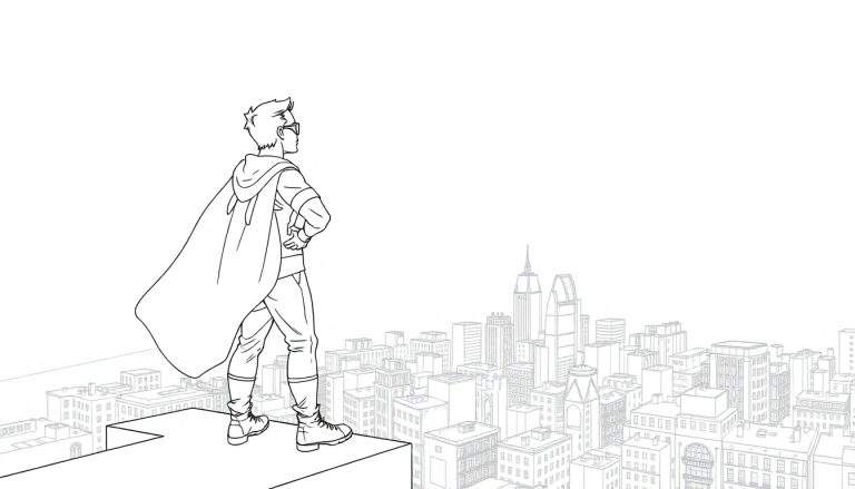 Um super-herói em preto e branco, em pé no topo de um prédio, com uma capa esvoaçante e óculos, observando a cidade.