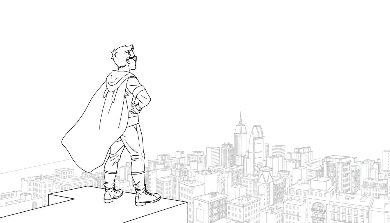 Um super-herói em preto e branco, em pé no topo de um prédio, com uma capa esvoaçante e óculos, observando a cidade.