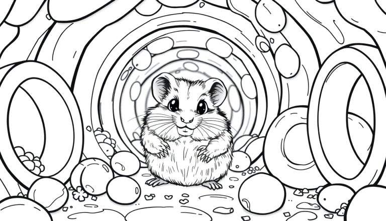 Um hamster adorável em estilo cartoon explorando um labirinto de túneis preto e branco, com foco em seus olhos grandes e textura de pelo.