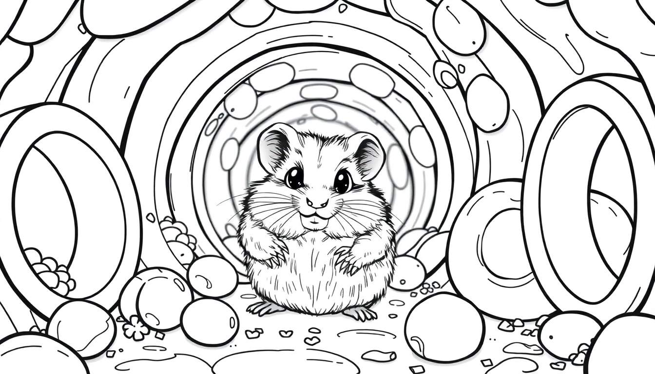 Um hamster adorável em estilo cartoon explorando um labirinto de túneis preto e branco, com foco em seus olhos grandes e textura de pelo.