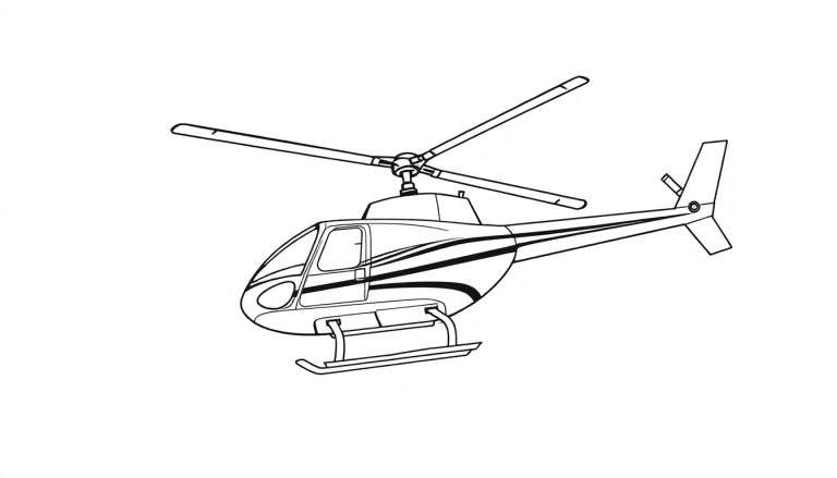 Desenho linear em preto e branco de um helicóptero moderno com duas lâminas de rotor e patins de pouso, pronto para uma aventura.
