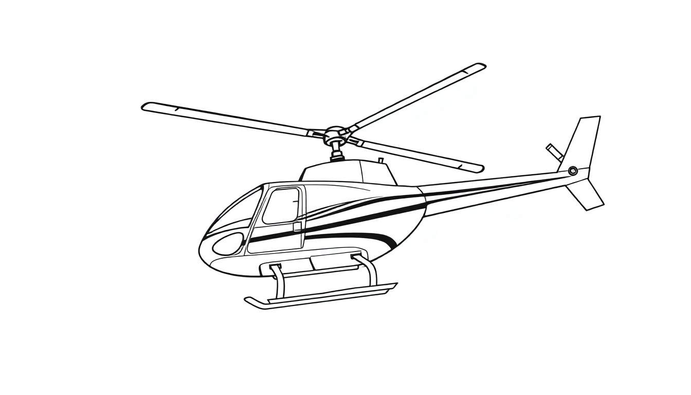 Desenho linear em preto e branco de um helicóptero moderno com duas lâminas de rotor e patins de pouso, pronto para uma aventura.