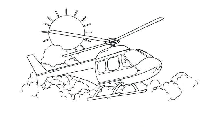 Um helicóptero de desenho animado voando sobre nuvens fofas com um sol sorridente, pronto para colorir no color panel.