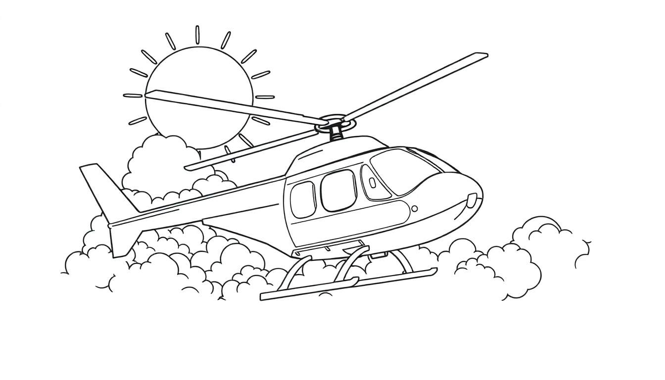 Um helicóptero de desenho animado voando sobre nuvens fofas com um sol sorridente, pronto para colorir no color panel.