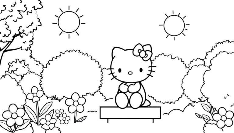 Ilustração em preto e branco de Hello Kitty sentada num banco de jardim, com duas sóis acima, flores e arbustos à volta, e uma árvore no canto superior esquerdo. Um verdadeiro color panel para a imaginação.
