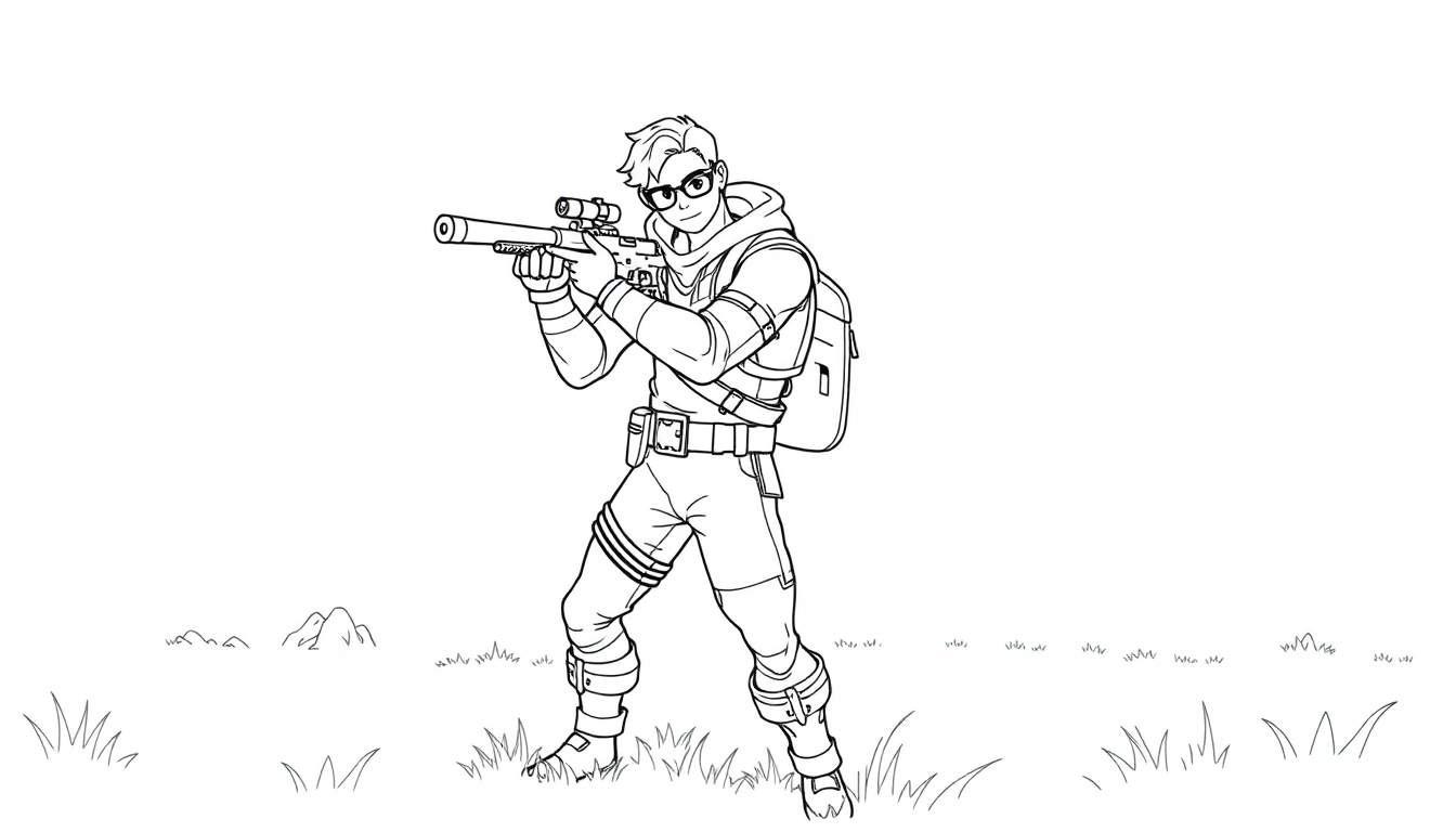 Personagem de desenho animado com rifle em um campo gramado.