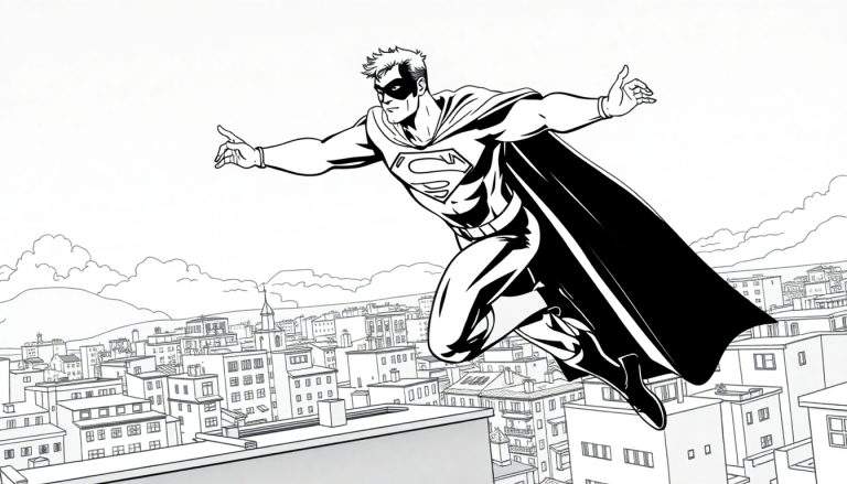 Um super-herói voando sobre uma cidade em estilo de história em quadrinhos preto e branco, com um S no peito.