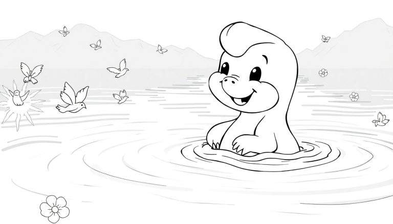 Um hipopótamo sorridente nadando em um lago, com montanhas ao fundo e pássaros voando.