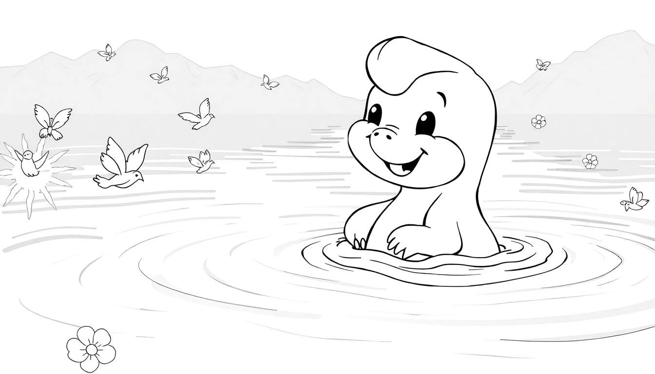 Um hipopótamo sorridente nadando em um lago, com montanhas ao fundo e pássaros voando.