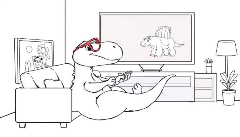 Um dinossauro antropomórfico verde com óculos vermelhos assistindo televisão com um controle remoto na mão, sentado em um sofá com um armário e uma planta ao lado, e uma pintura decorativa na parede, tudo em um color panel.