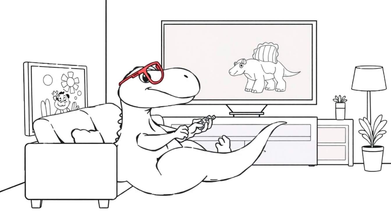 Um dinossauro antropomórfico verde com óculos vermelhos assistindo televisão com um controle remoto na mão, sentado em um sofá com um armário e uma planta ao lado, e uma pintura decorativa na parede, tudo em um color panel.