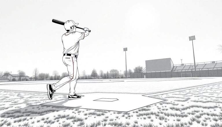Desenho em preto e branco de um jogador de beisebol em posição de rebatida, com estádio ao fundo. Inclui um color panel.