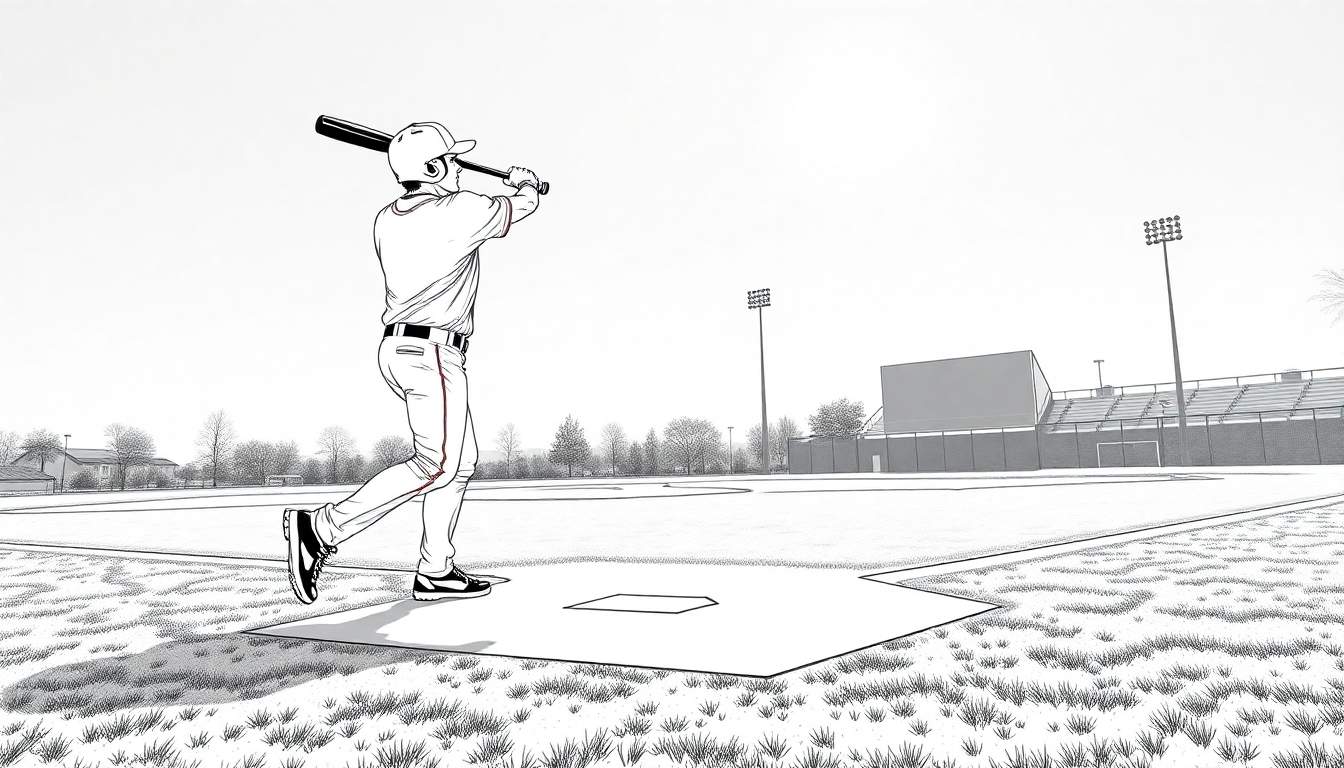 Desenho em preto e branco de um jogador de beisebol em posição de rebatida, com estádio ao fundo. Inclui um color panel.