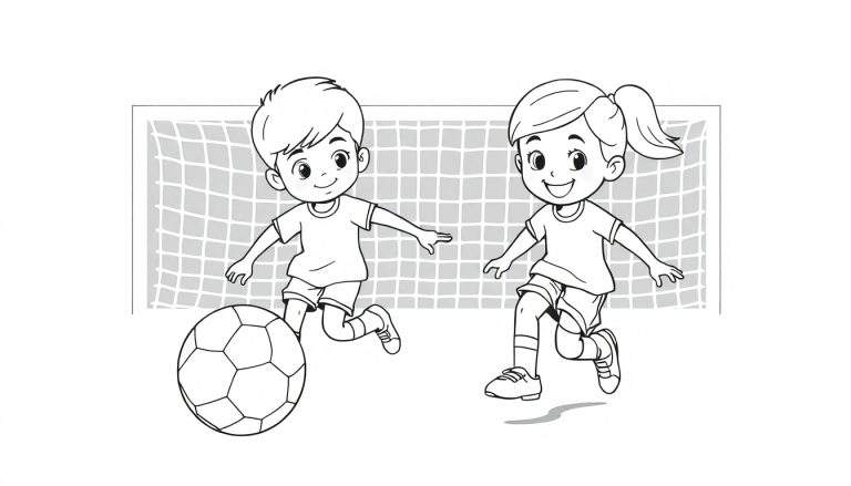 Desenho a preto e branco de duas crianças a jogar futebol, uma a chutar a bola e outra a correr atrás dela. Há uma baliza ao fundo. Ideal para o color panel.