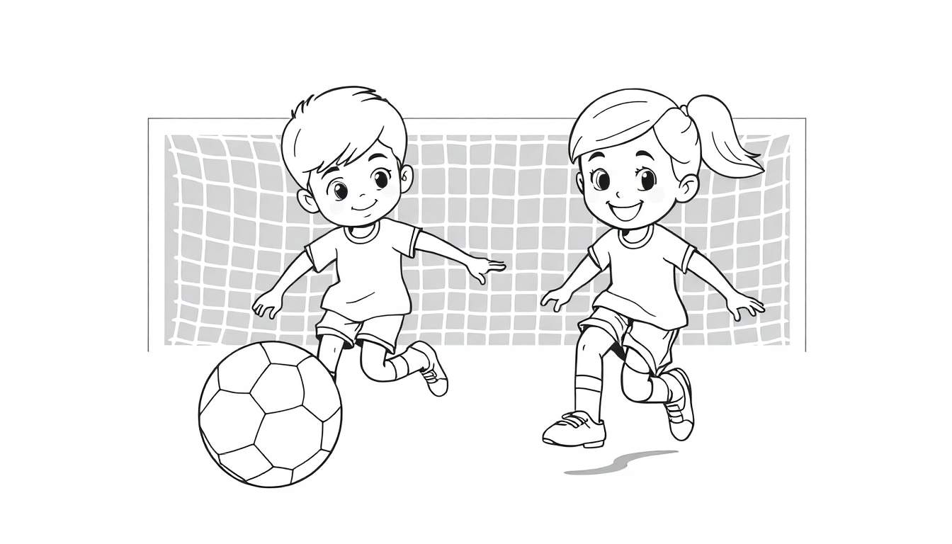 Desenho a preto e branco de duas crianças a jogar futebol, uma a chutar a bola e outra a correr atrás dela. Há uma baliza ao fundo. Ideal para o color panel.