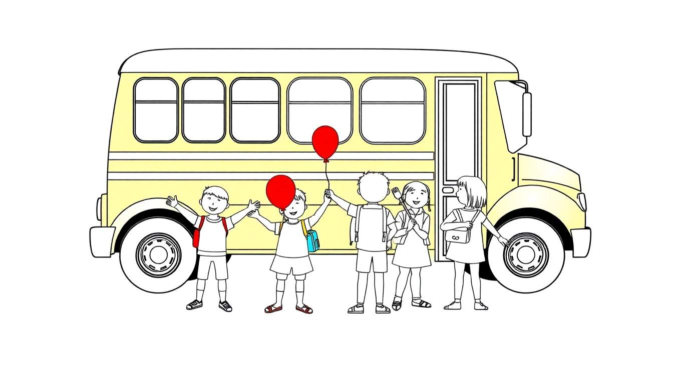Cinco crianças animadas esperando um ônibus escolar amarelo com um color panel.