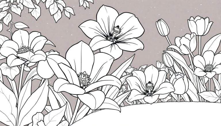 Um desenho em preto e branco de flores e folhas com um fundo cinza claro.