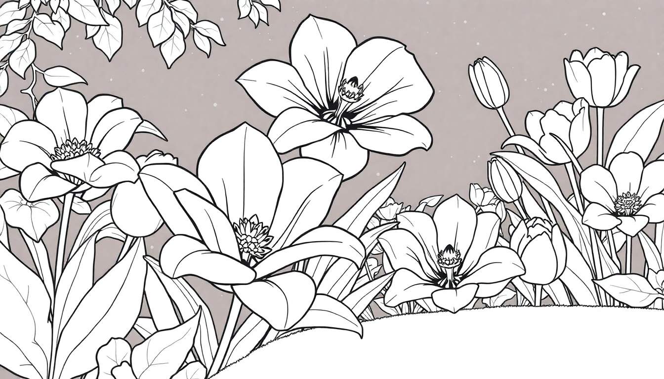 Um desenho em preto e branco de flores e folhas com um fundo cinza claro.