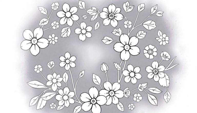 Grinalda circular de flores e folhas em estilo de linha, algumas com rostos sorridentes, sobre um fundo cinza suave. Um color panel perfeito para desatar a imaginação.